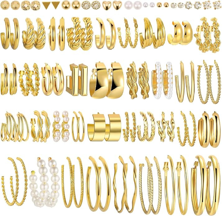 48 Pairs Gold Hoop Earrings Set for Women Girls, Fashion Chunky Pearl Earrings Multipack Twisted ... | Amazon (US)