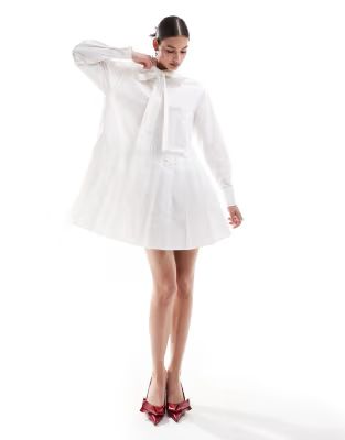 Urban Revivo tie detail pleated shirt dress in white | ASOS (Global)