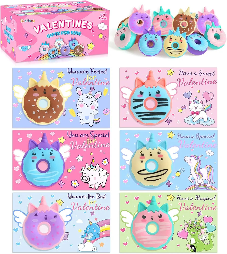 30 Pack Valentines Day Cards for Kids Classroom, Donut Erasers with Greeting Cards, Valentine Kid... | Amazon (US)