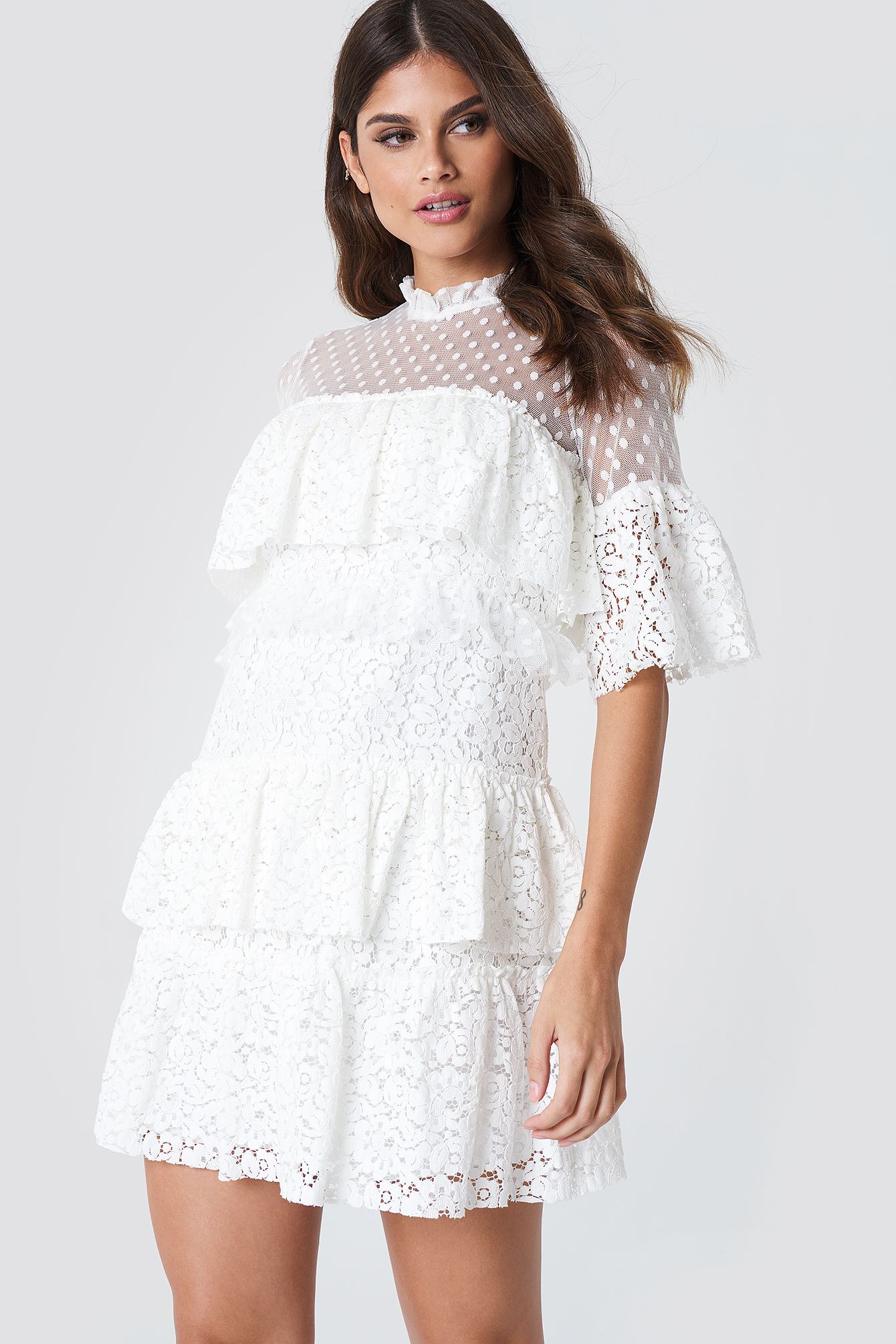 Trendyol Lace Dot Mini Dress - White | NA-KD Global