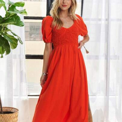 Womens Casual Boho Romantic Chic Smocked Bodice Puff Sleeve Maxi Dress Bright Red Square Neck Empire Waist Flowy Summer Beach Party Sundress | SHEIN