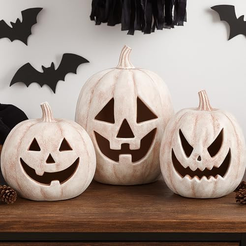 Vicenpal 3 Pcs Terracotta Pumpkin Decorations Light up Halloween Pumpkin Lantern Vintage LED Resin Halloween Lights Decor for Fall Home Porch Front Door Mantel Room Decorations | Amazon (US)