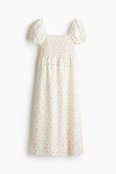 H & M - Puff-Sleeved Cotton Dress - Cream/Floral | H&M (US + CA)