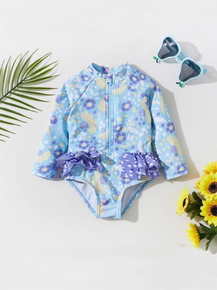 Baby Allover Floral Print Raglan Sleeve Peplum One Piece Swimsuit | SHEIN