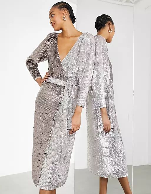 ASOS EDITION ombre sequin wrap dress in silver | ASOS (Global)