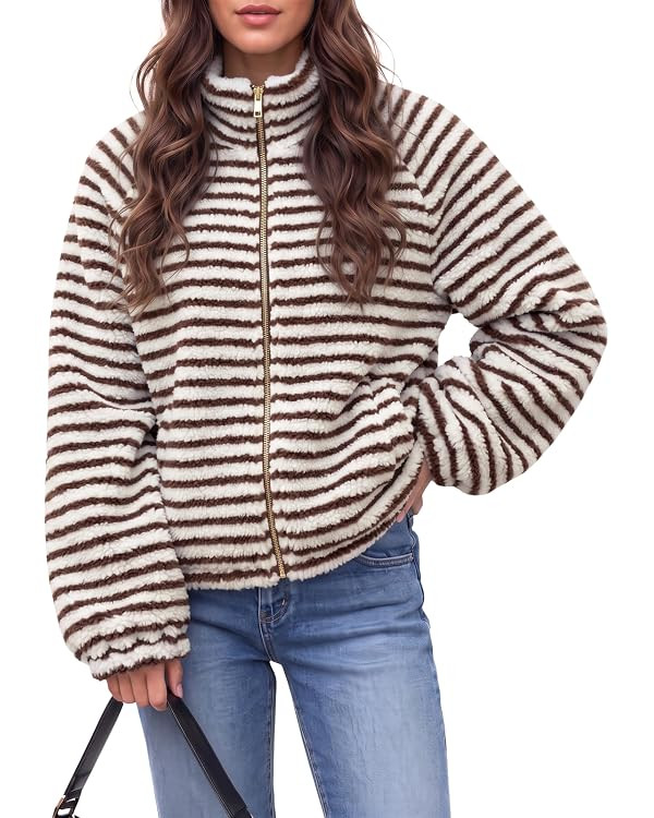 Fisoew Womens Fuzzy Fleece Zip Up Long Sleeve Striped Winter Casual Jackets | Amazon (US)