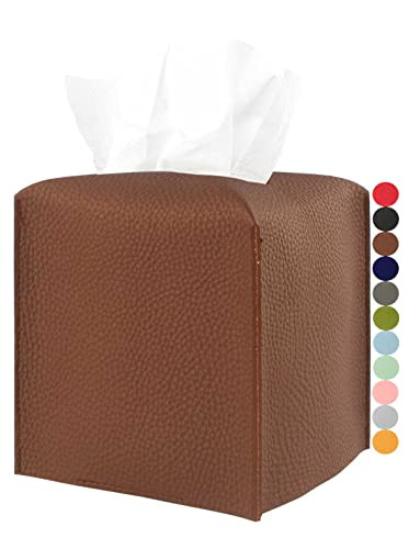 Leather Tissue Box Cover Square – [JESMINI, Brown] Modern PU Leather Cube Tissue Box Holder Decorative for Bathroom Vanity Countertop/Night Stands/Office Desk, 5x5x5 | Amazon (US)