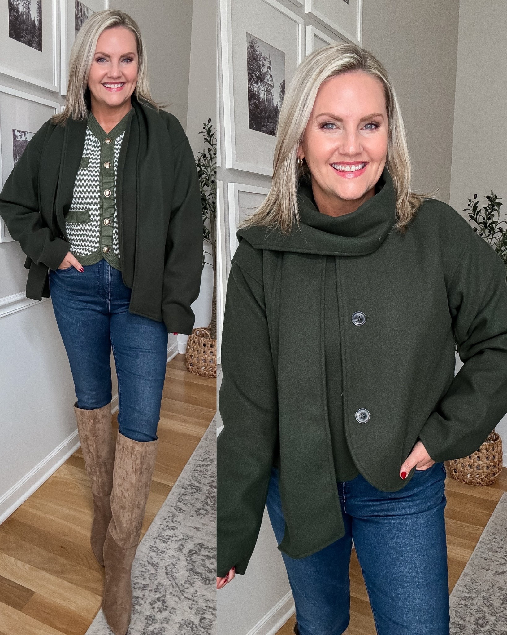 This cropped coat has a built in scarf! Scarf is removable too! This would make a great holiday or thanksgiving outfit! 
I’m in medium in the sweater and jacket. Jeans and boots run true to size.


#LTKSeasonal #LTKStyleTip #LTKOver40