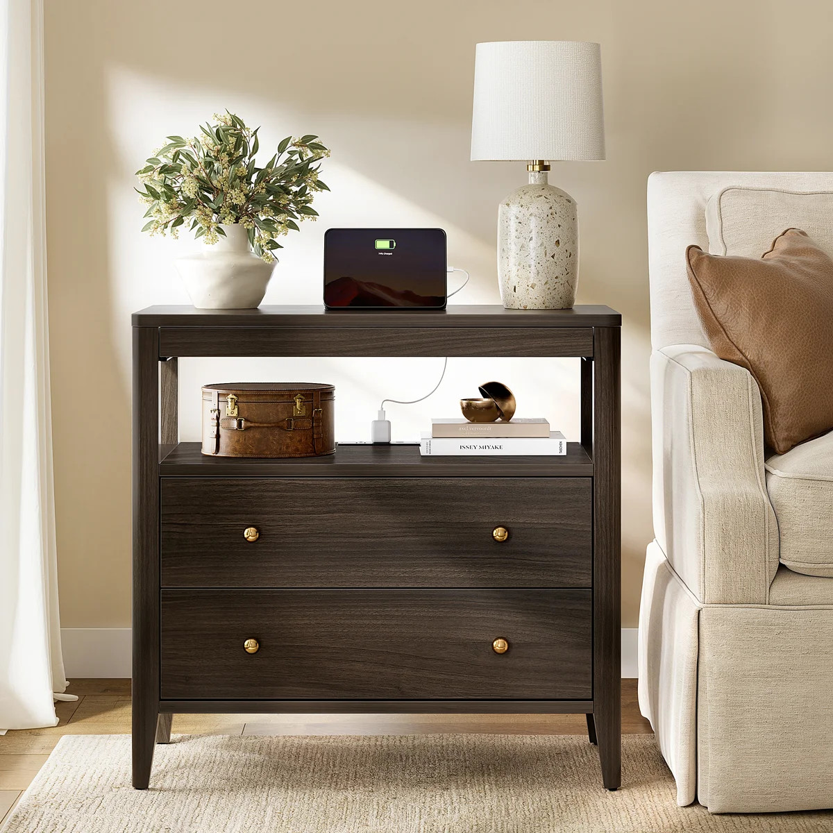 27.5”Nightstand with 2 Drawers & Open Shelf, American Style Nightstand with Pull-out Tray & Bui... | Wayfair North America