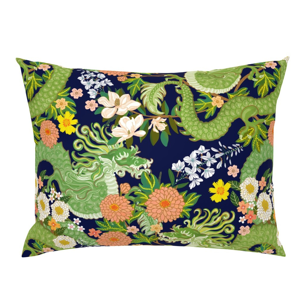 CHIANG MAI Sage Dragons orange flowers with Darker Blue | Spoonflower