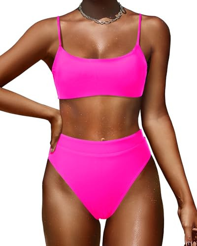 Holipick Women High Waisted 2 Piece Bikini Swimsuit with High Cut Bottom Bathing Suits Pink | Amazon (US)