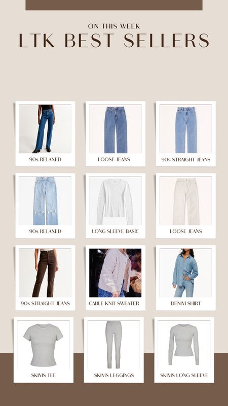 LTK best sellers 🫶🏼 abercrombie jeans, abercrombie denim, abercrombie sale, loose jeans, cable knit sweater, oversized denim shirt, skims basics, skims essentials, skims long sleeve, skims tops, skims leggings, skims loungewear, skims sale