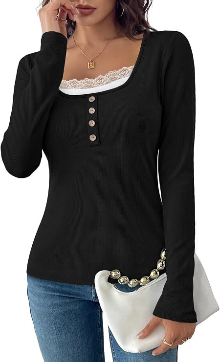 WIHOLL Women's Long Sleeve Tops Lace Trim Scoop Neck Shirts Fall Clothes Fashion 2026 | Amazon (US)