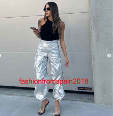 ZARA NEW WOMAN MID WAIST SHINY CARGO TROUSERS PANT SILVER XS-XL 2217/105 | eBay US