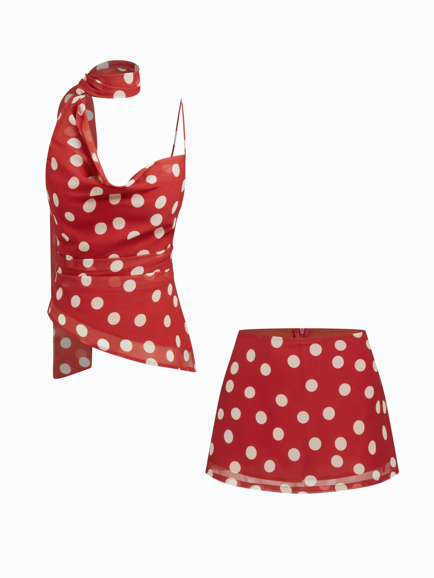 Cowl Neck Ruched Polka Dot Cami Top With Scarf & Mid Rise Mini Skirt Set | Cider