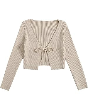Floerns Women's Tie Front Long Sleeve Rib Knit Shrug Sweaters Cardigan Crop Top | Amazon (US)