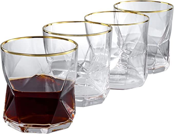MyGift Set of 4 Clear Glass Old Fashioned Whiskey Tumblers with Prismatic Geometric Shape Design ... | Amazon (US)
