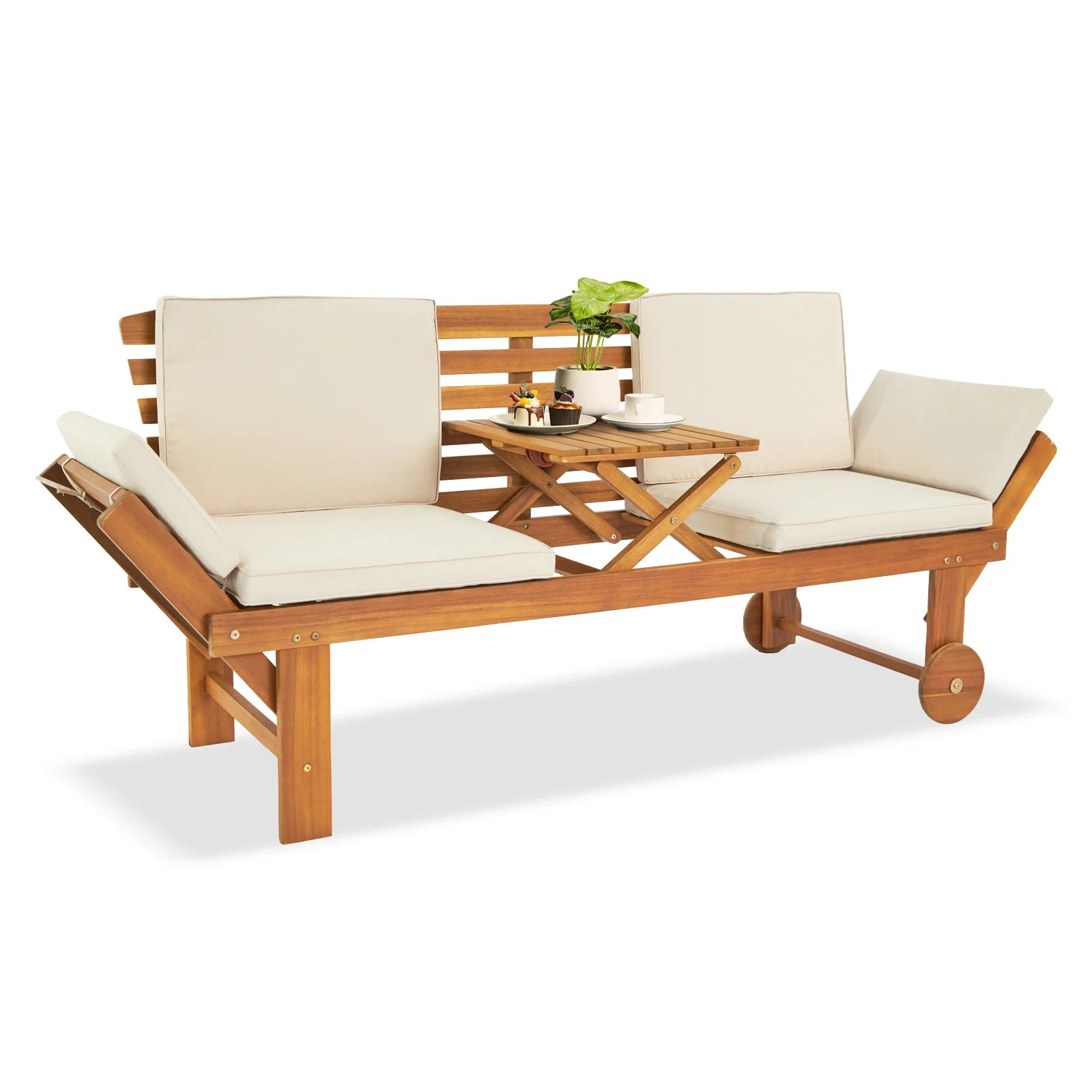 Ktaxon Patio Bench and Sunbed, Acacia Wood Bench with Liftable Coffee Table for Garden, Yard, Bal... | Walmart (US)