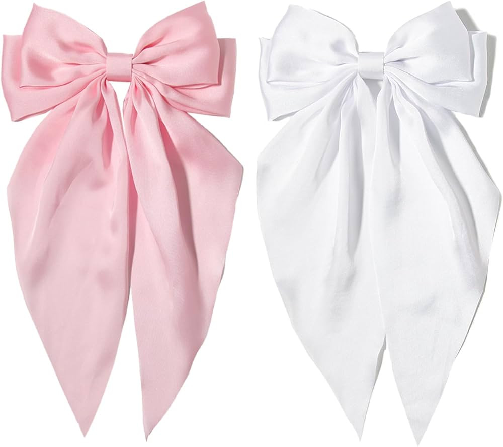 Furling Pompoms Pink Hair Bow Clips for Women,Large White Satin Hair Bows,Long-Tail Alligator Cli... | Amazon (US)