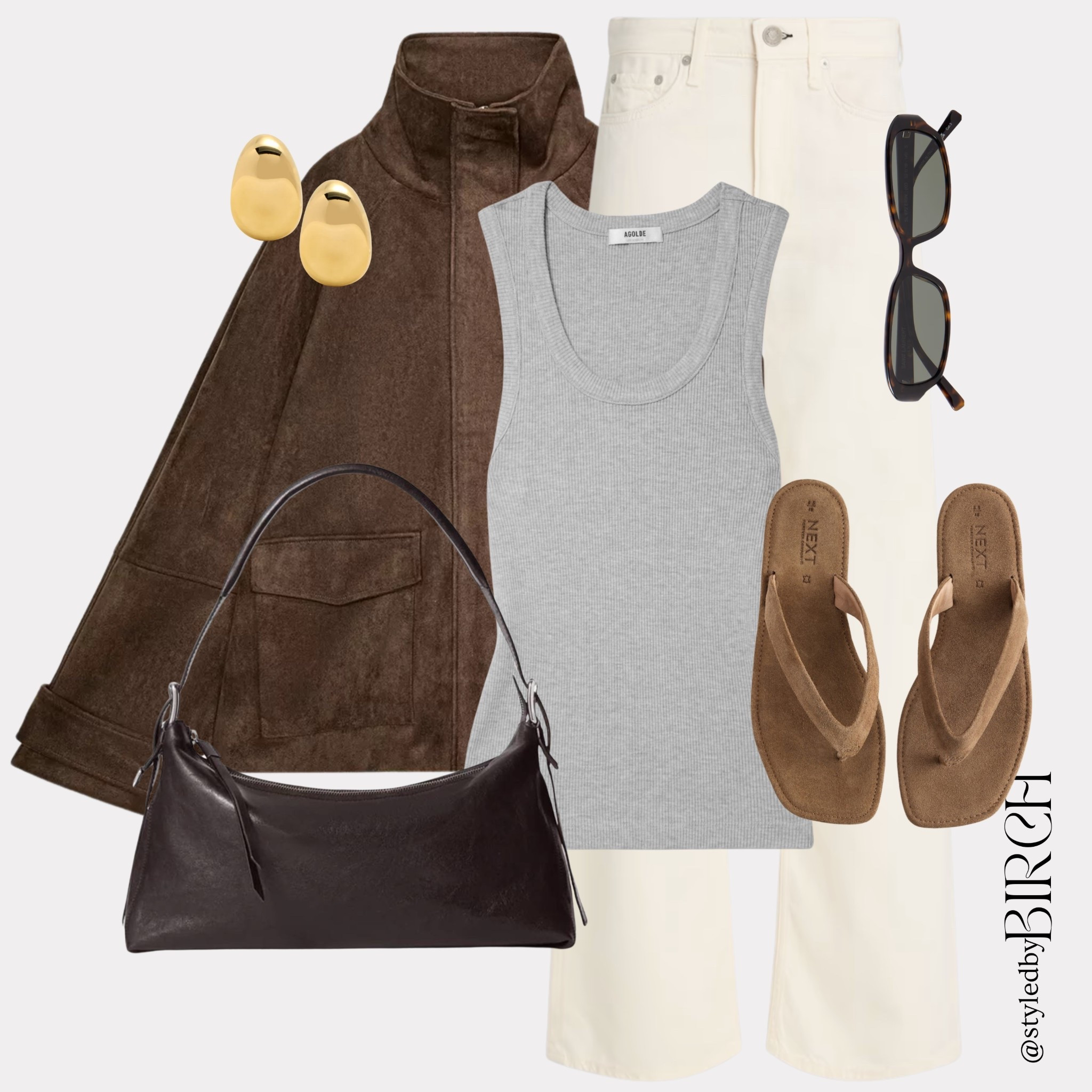 Brown and grey is the colour combination I did not know I needed and now I cannot stop 🤎

#ootd #outfitinspo #brownaesthetic #neutralstyle #chicstyle

Tags 🏷️
Dark brown suede jacket, grey ribbed tank, ecru wide leg jeans, dark brown leather shoulder bag, tan suede flip flops, gold oval earrings, tortoiseshell sunglasses

#LTKjeans #LTKspring #LTKeurope