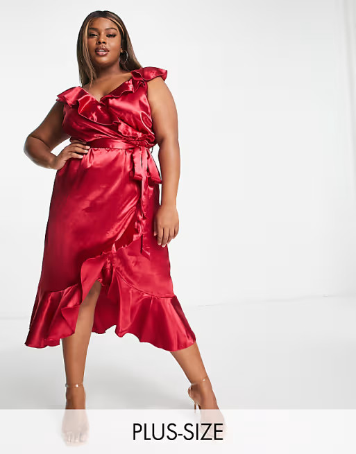 Little Mistress Plus ruffle wrap dress in autumn red | ASOS (Global)