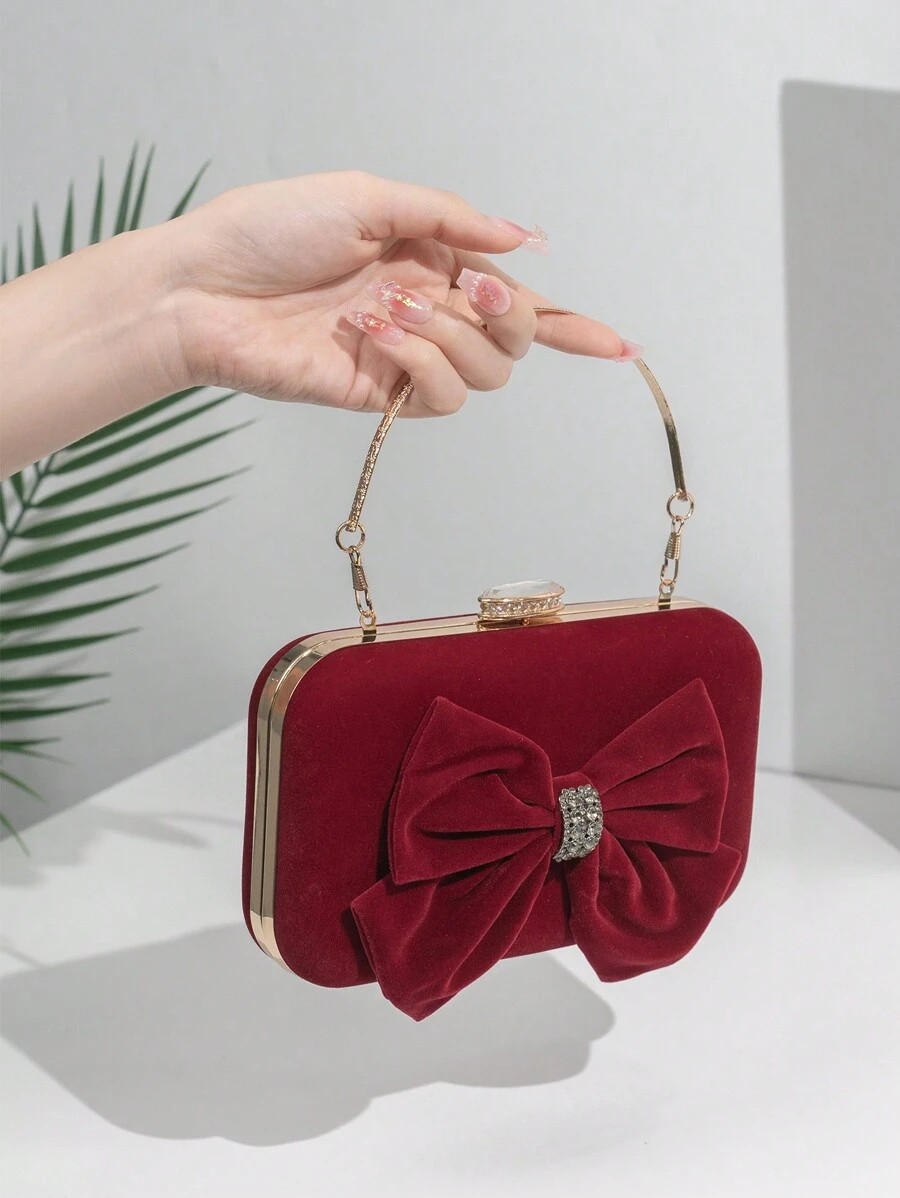 1 Piece Bow-Tie Diamond Clutch Bag European And American Retro Velvet One-Shoulder Cross-Body Bag... | SHEIN