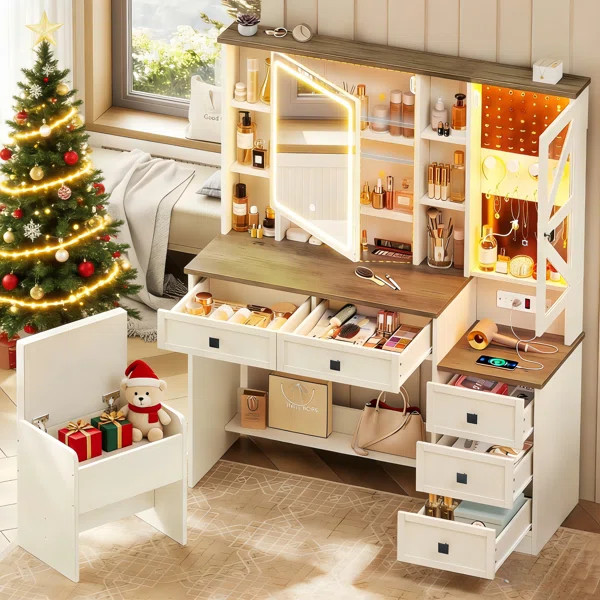 Farmhouse Vanity Set with Stool, Vintage White | Wayfair North America