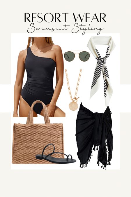 One Shoulder Amazon One Piece Swimsuit Mom Friendly Ruched Flattering Black Hair Scarf Straw Beach Tote 

#LTKswim