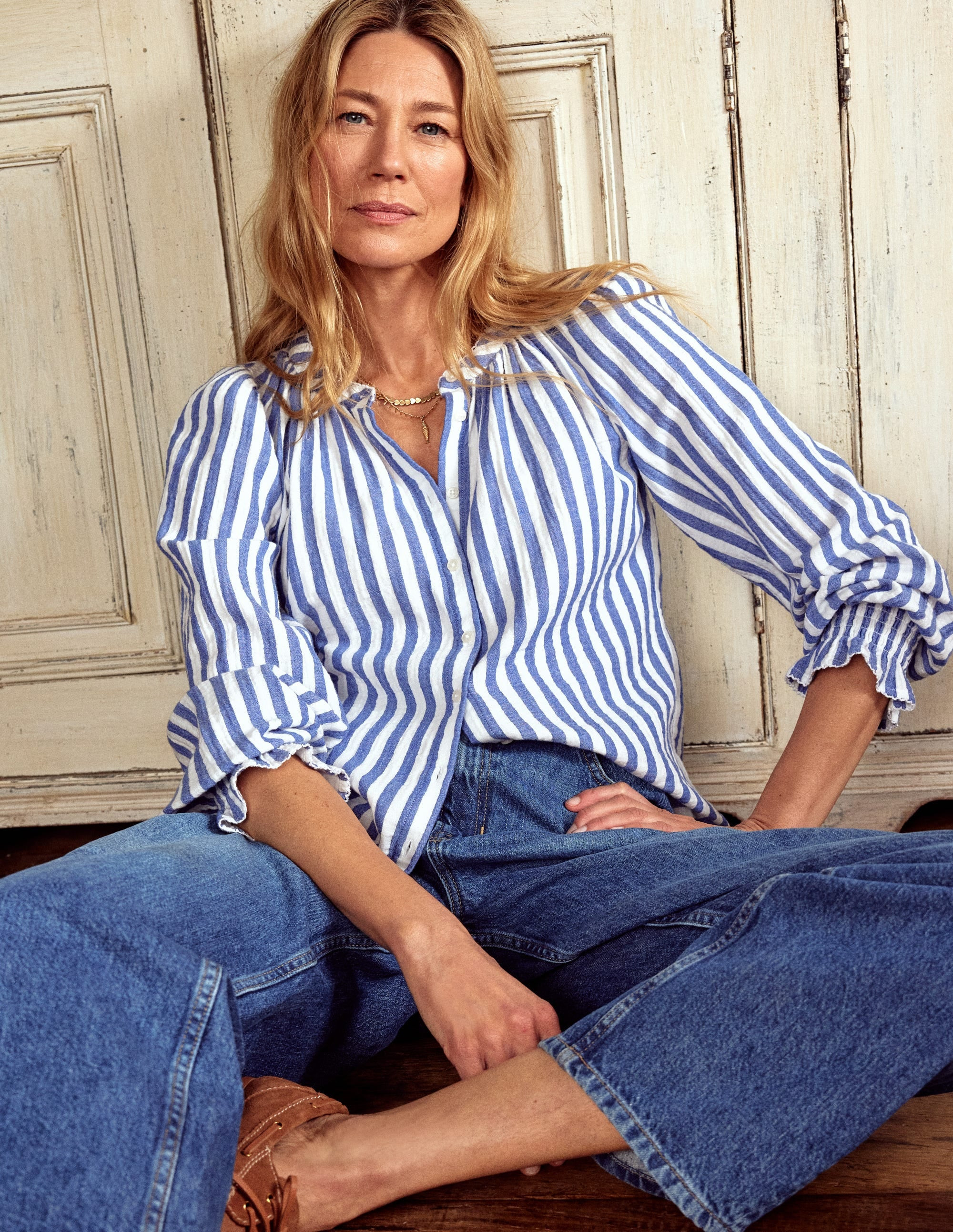 Evie Double Cloth Top-Bright Blue Stripe | Boden UK