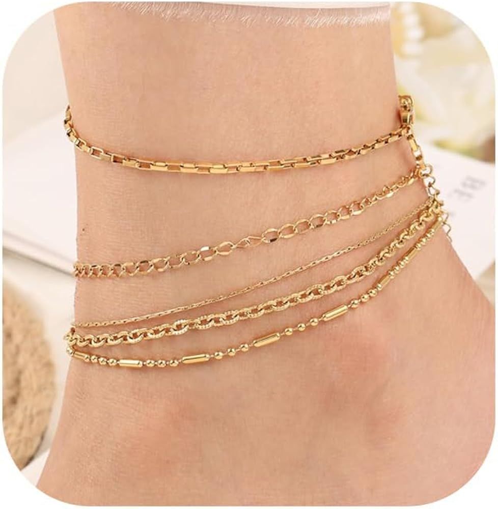 Gold Ankle Bracelets for Women 14k Gold Waterproof Layered Link Chain Anklets Set Jewelry Gift Ad... | Amazon (US)