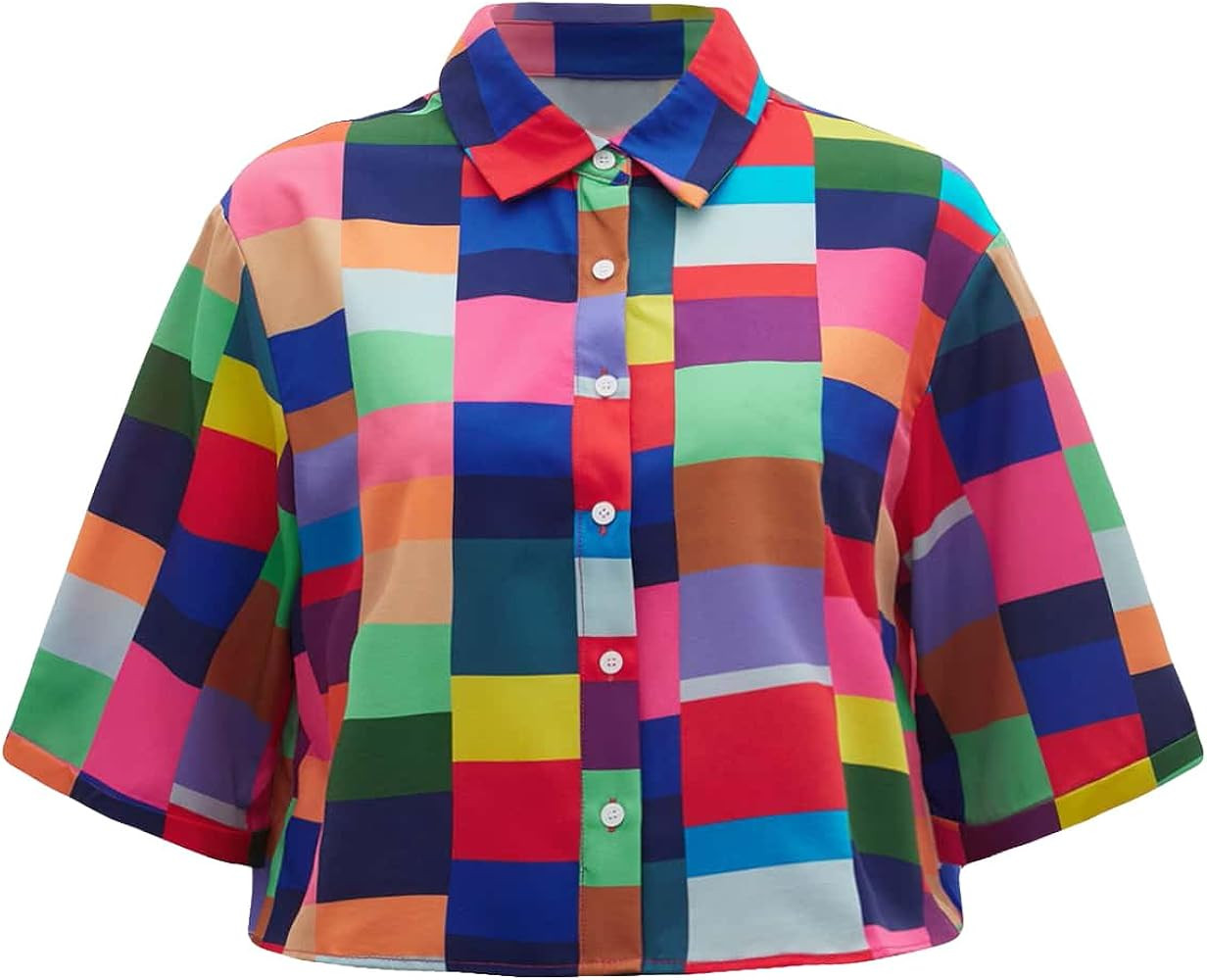 Milumia Women's Color Block Plaid Button Up Crop Shirt Short Sleeve Collar Blouse Top | Amazon (US)