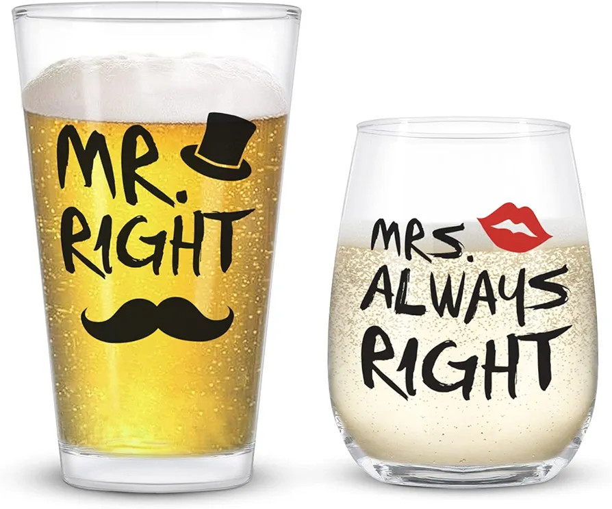 Mr. Right and Mrs. Always Right Stemless Wine Glass and Beer Glass, Funny Couple Set for Her Him ... | Amazon (US)