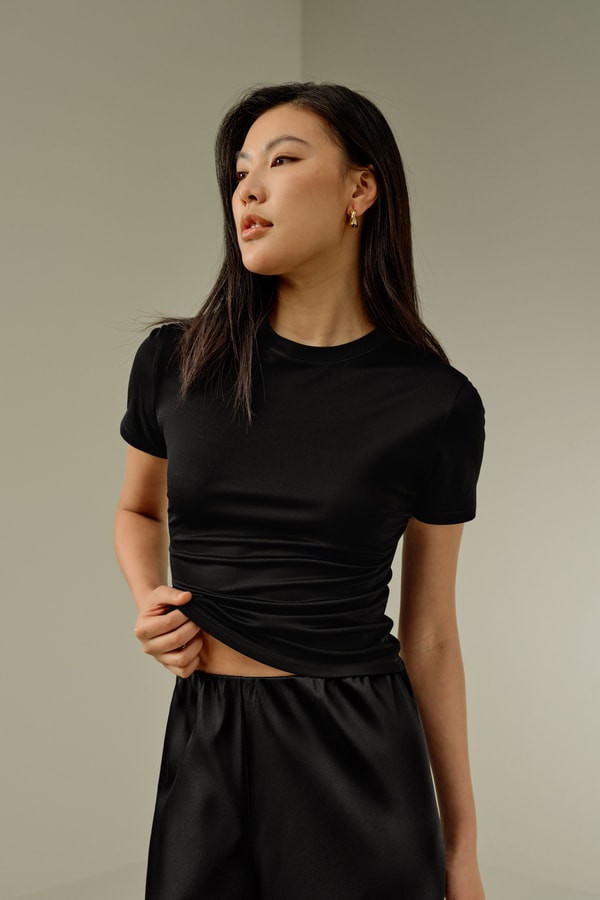 LILYSILK Silk Tee Shirts | Female | Black 100 Silk Jersey | Natural Flow Semi-Cropped Tops XL | LILYSILK