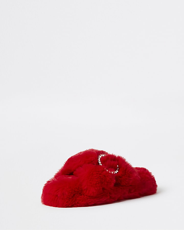 Red faux fur slippers | River Island (UK & IE)