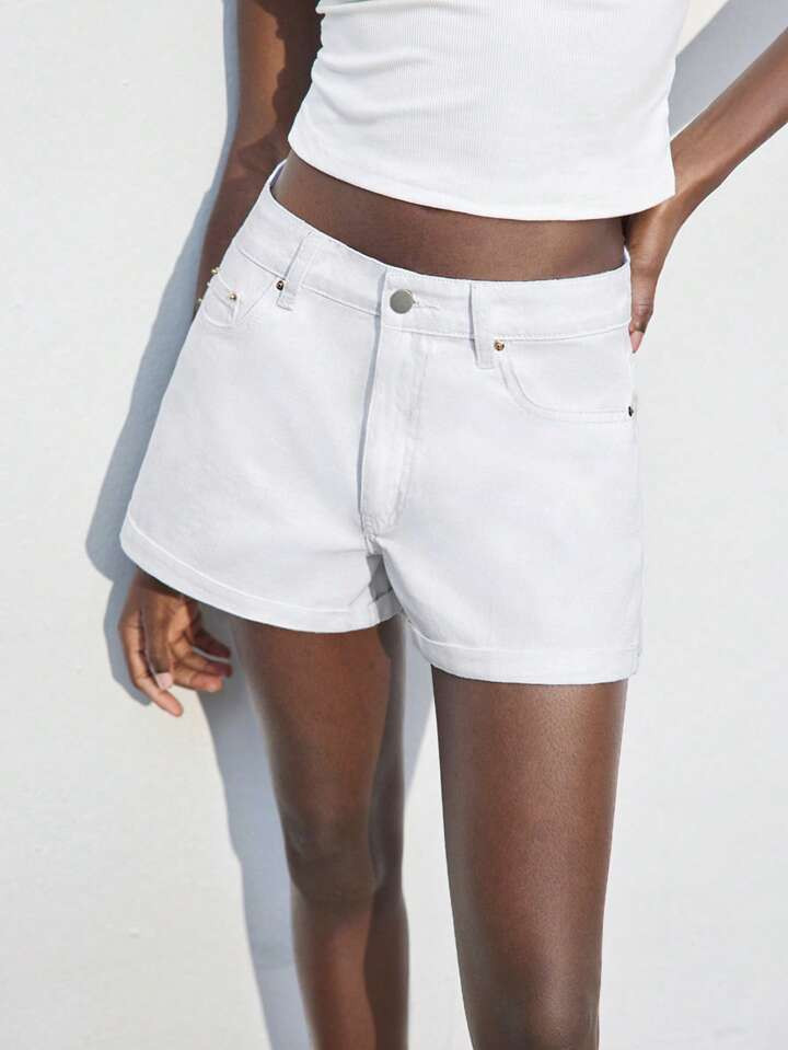 Maija Women's White Denim Shorts Low Waist 25SS New Style Casual Summer Shorts | SHEIN