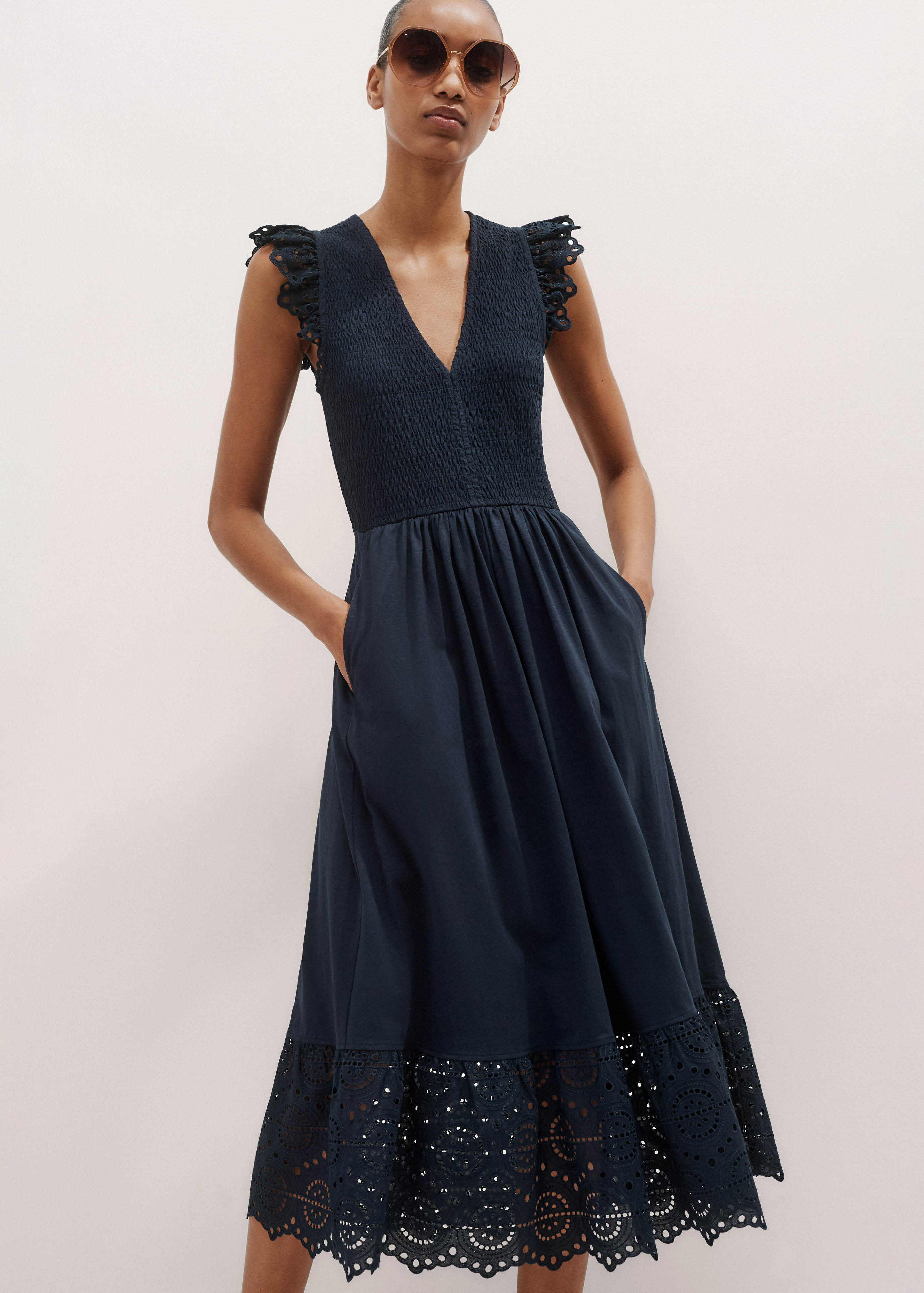 Women's Navy Broderie Slub Midi Dress | ME+EM | ME+EM US