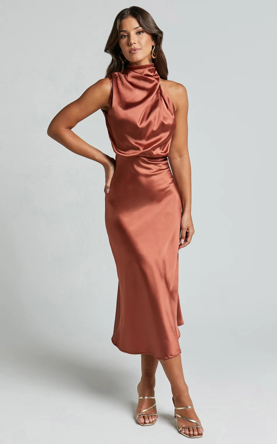 Drape Neck Satin Slip Dress in Copper | Showpo (US, UK & Europe)