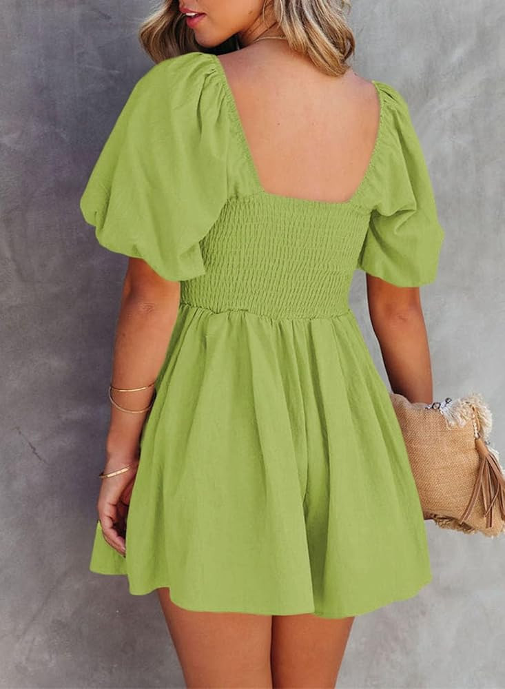 AlvaQ Women's Rompers Cute Puff Sleeve Elastic Summer Square Neck Casual Spring Mini Short Romper... | Amazon (US)