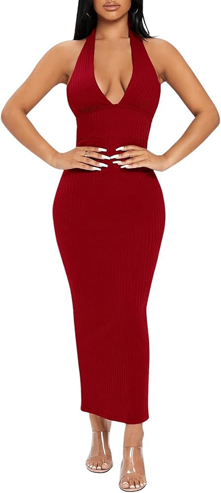 Floerns Women's Plunging Deep V Neck Backless Ribbed Knit Tie Back Bodycon Maxi Dress | Amazon (US)