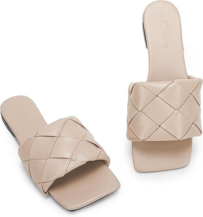 Women's Square Open Toe Braided Sandals Single Band Comfort Slides Slip on Flat Sandals | Amazon (US)