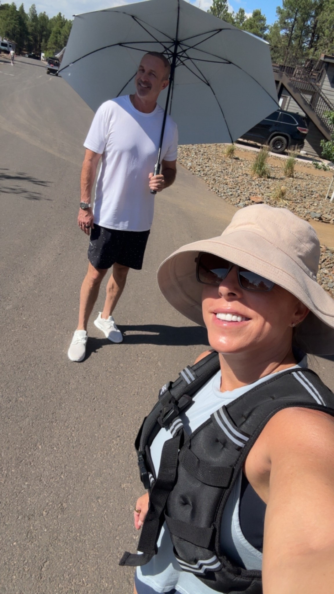 Getting our steps in—but not at the expense of our skin.☀️
Bo’s got the UV umbrella, I’ve got my sun hat and weighted vest… because movement matters, and so does protection.
You don’t have to choose between fitness and skin health—just be smart about both.
#ActiveLifestyle #SunProtection #HealthyHabits #MarriedLifeWalks #UVSmart #WellnessTogether #WalkingWithPurpose

#LTKActive