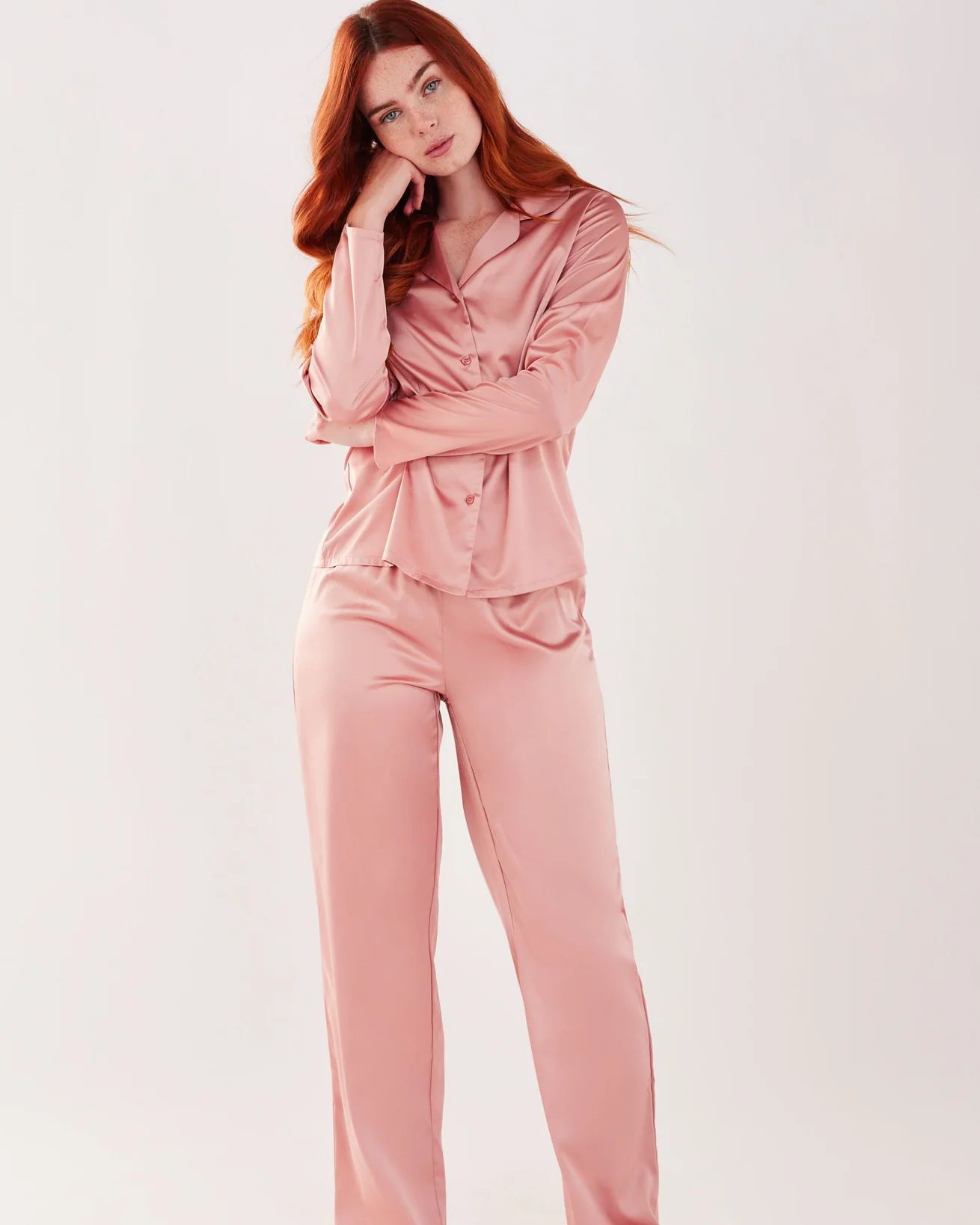 Blush Satin Slim Button Up Long Pyjama Set | Chelsea Peers NYC