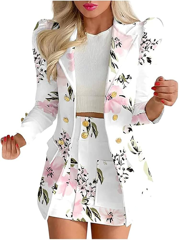 2023 Women High Waist Long Sleeve Blazer and Skirt Set Lapel Double Breasted Two Piece Outfit Flo... | Amazon (US)