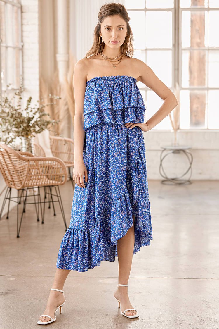 Garden Party Perfection Blue Floral Print Strapless Midi Dress | Lulus (US)