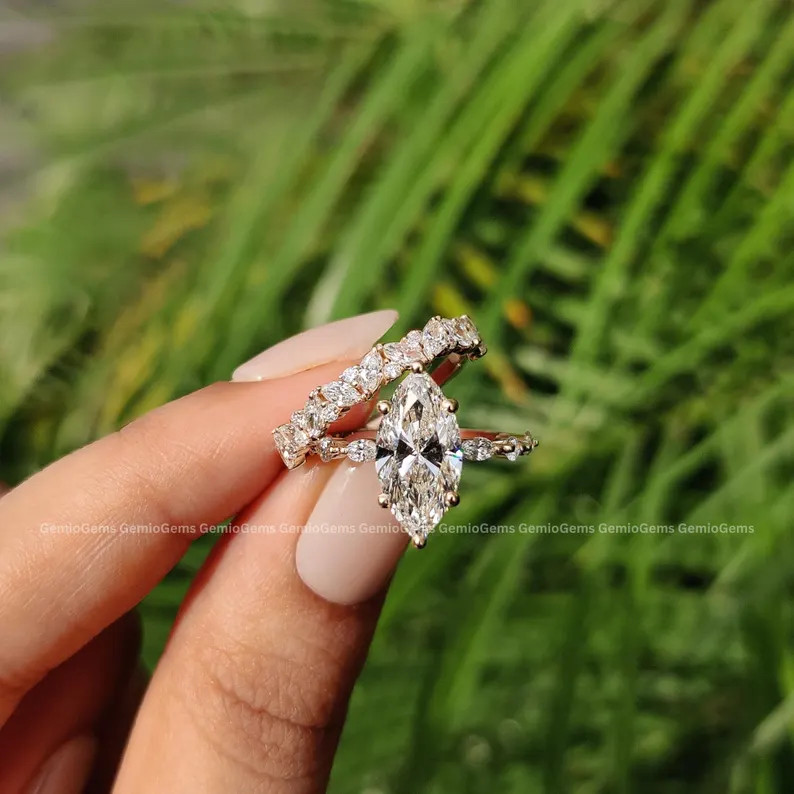2.5 CT Marquise Cut Moissanite Engagement Ring Set, 14K Solid Gold Ring Set, Stackable Ring Set, ... | Etsy (US)