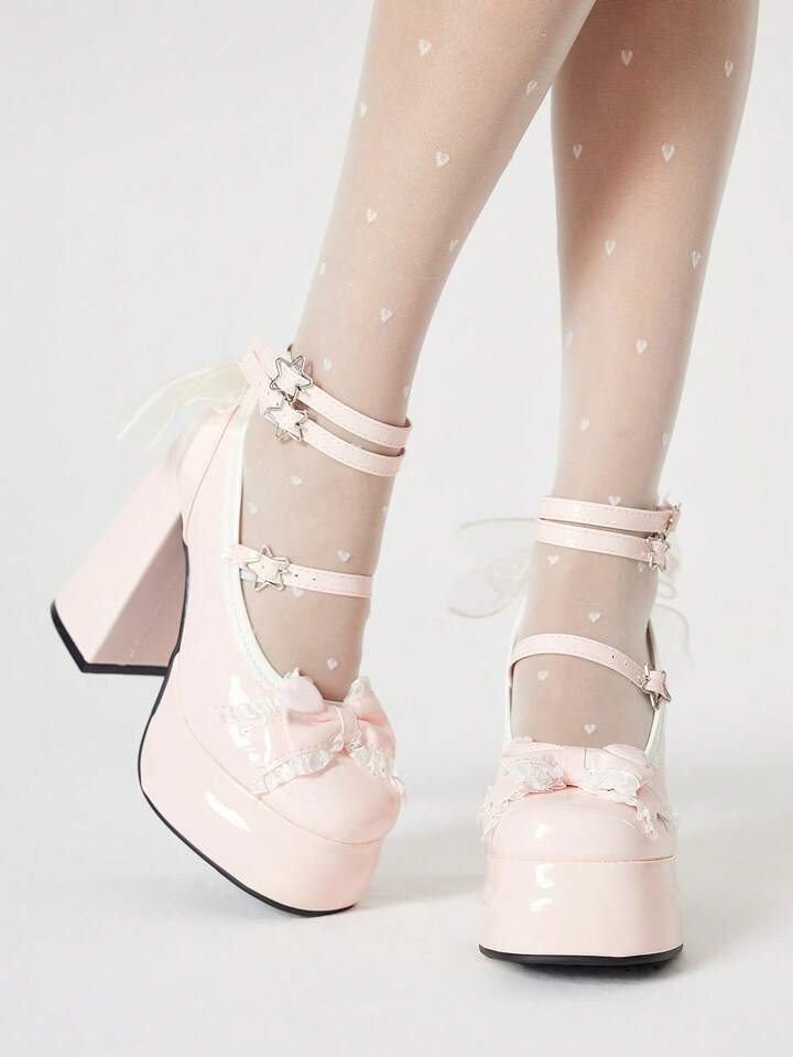 ROMWE Kawaii Vrouwen Roze Dikke Hakken Gesloten Teen Mary Jane Pumps Met Strikband, Vetersluiting Waterdicht Platform, Japanse JK Uniform Stijl Hoge Hakken | SHEIN