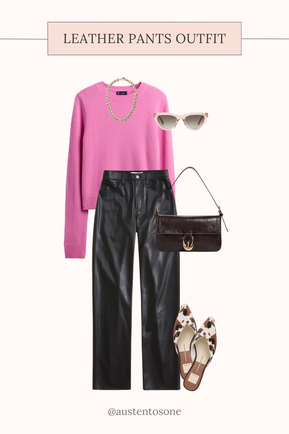 Black leather pants paired with a bold pink sweater and neutral accessories for a chic and playful fall outfit idea. Styled with pointed flats, a structured bag, and sunglasses, this look is both polished and comfortable, making it perfect for seasonal transitions. These leather pants styling tips show how to add color and personality to your wardrobe while keeping the outfit versatile.

#LTKFindsUnder100 #LTKSeasonal #LTKShoeCrush