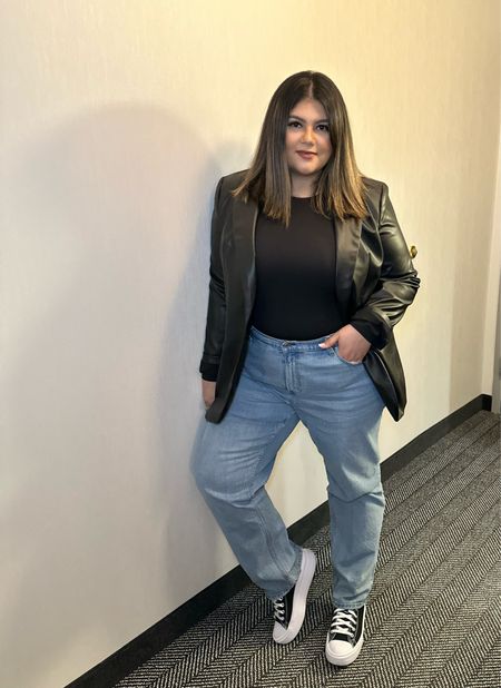 Vegan leather blazer & midrise curve denim with a body suit and platform converses 

Plus size fall and winter style 

#LTKfindsunder100 #LTKstyletip #LTKplussize