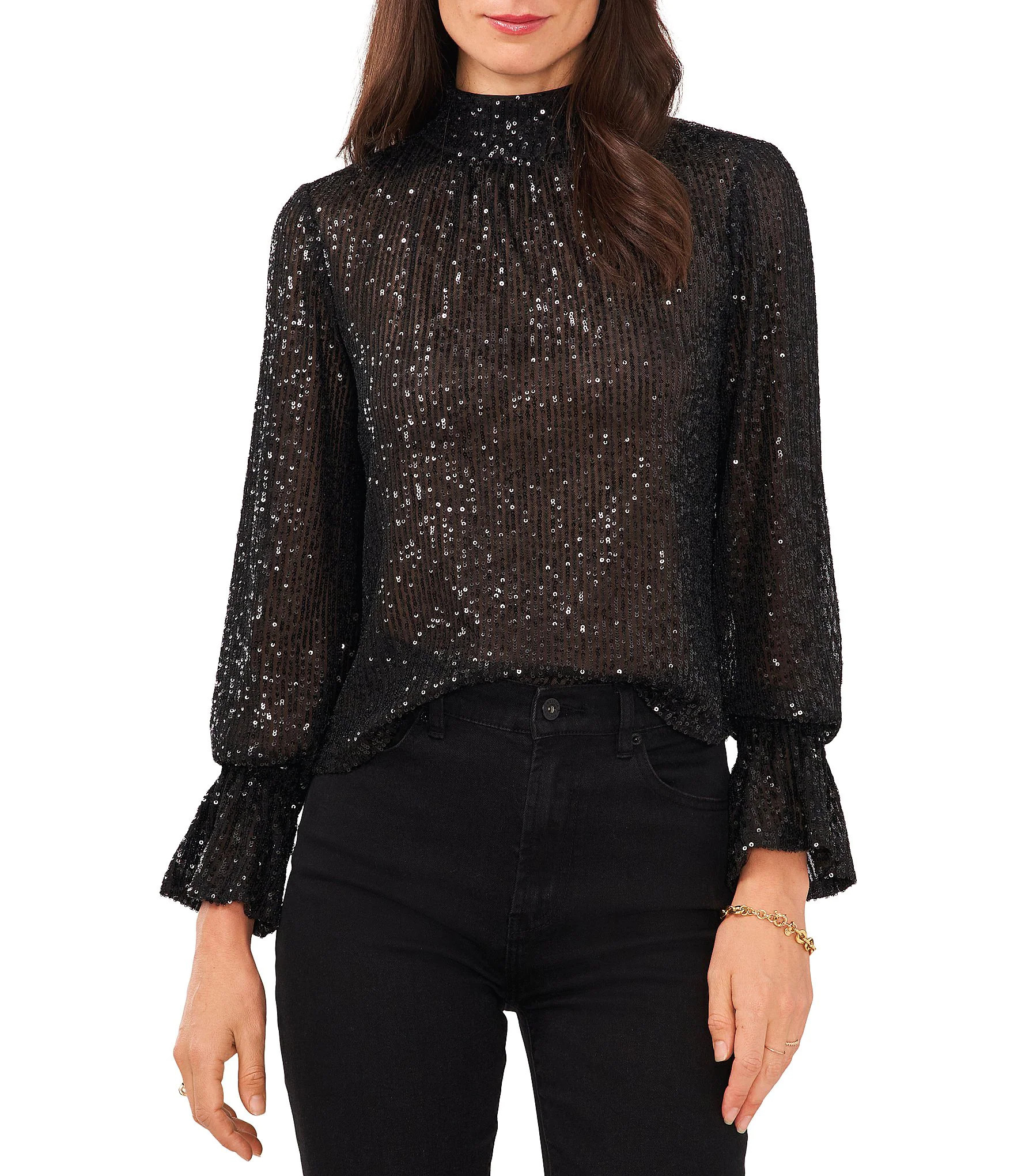 1. STATE Mock Neck Long Ruffle Cuff Sleeve Sequin Drape Back Blouse | Dillard's | Dillard's