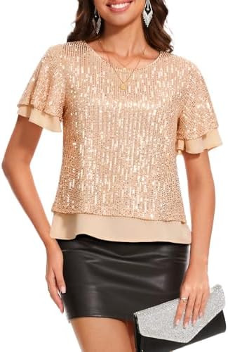 DRESSTELLS Women's Sparkly Sequin Tops, Glitter Cocktail Top for Wedding Guest, Ruffle Holiday Ev... | Amazon (US)
